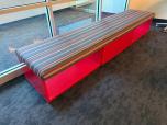 Long Red Glossy Bench with Striped Upholstered Seat and Storage Cubbies - ITEM #:165047 - Img 1 of 3