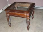 Used End Table - Dark Stain - Ornate Design - Glass Inlay - ITEM #:220007 - Img 1 of 2